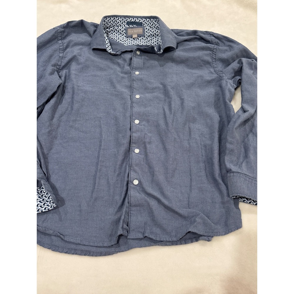 Ted Baker Mens XXL Blue Herringbone Long Sleeve Button Down Shirt Geometric Trim